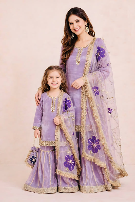 Superb Lavender Embroidered GMY Silk Mother Daughter Matching Palazzo Suit Set with Dupatta