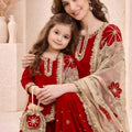 Beautiful Red Embroidered GMY Silk Mother Daughter Matching Palazzo Suit Set with Dupatta