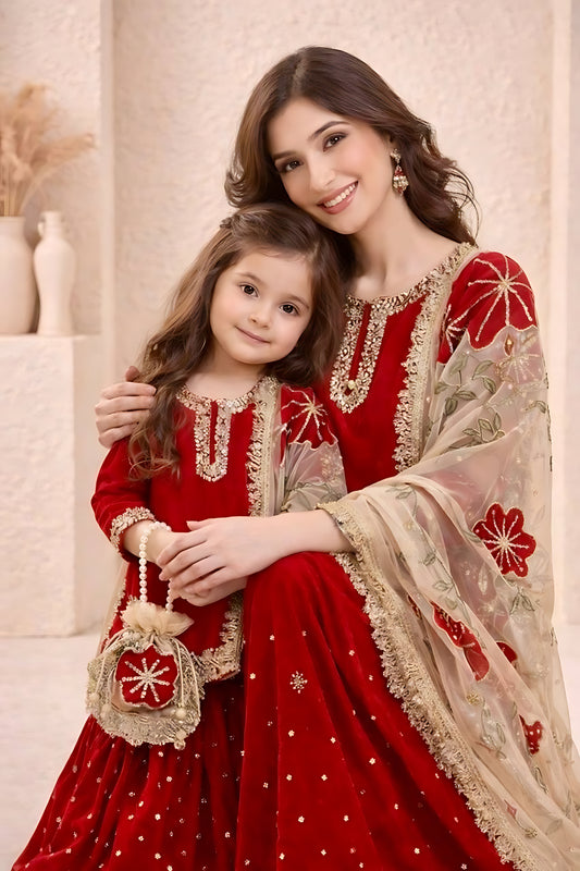 Beautiful Red Embroidered GMY Silk Mother Daughter Matching Palazzo Suit Set with Dupatta