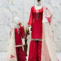 Beautiful Red Embroidered GMY Silk Mother Daughter Matching Palazzo Suit Set with Dupatta