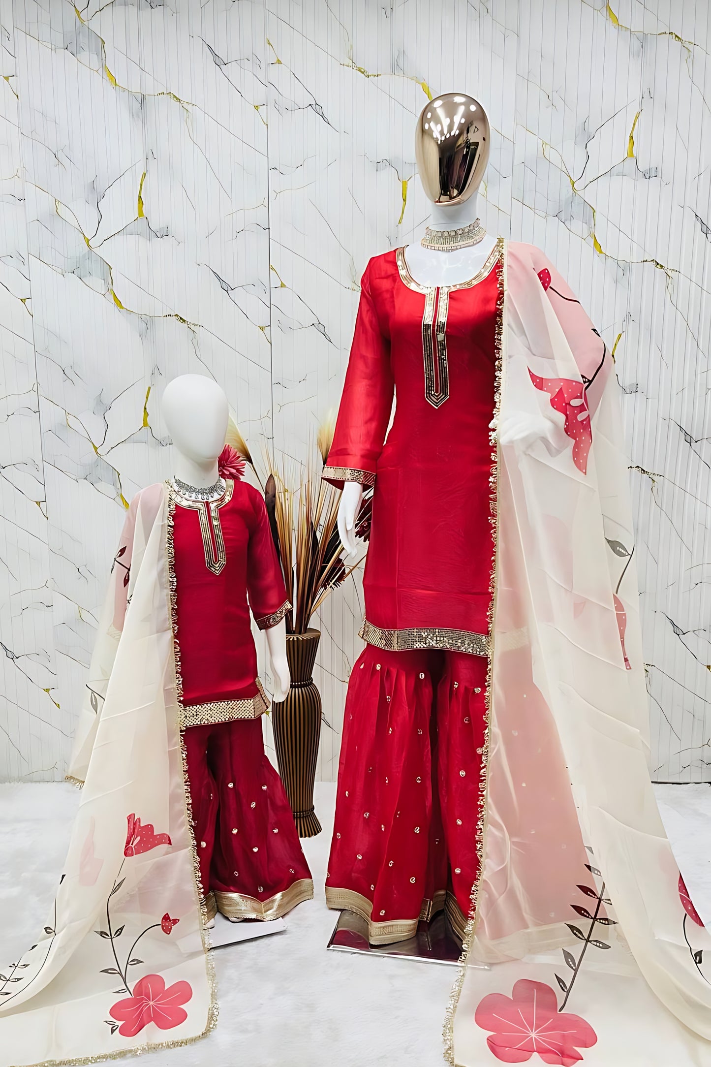 Beautiful Red Embroidered GMY Silk Mother Daughter Matching Palazzo Suit Set with Dupatta