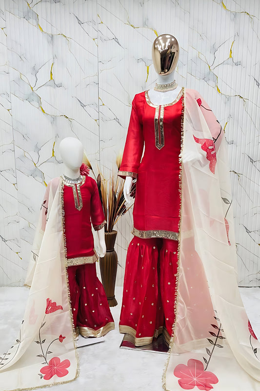 Beautiful Red Embroidered GMY Silk Mother Daughter Matching Palazzo Suit Set with Dupatta