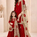 Beautiful Red Embroidered GMY Silk Mother Daughter Matching Palazzo Suit Set with Dupatta