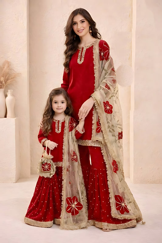 Beautiful Red Embroidered GMY Silk Mother Daughter Matching Palazzo Suit Set with Dupatta