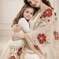 Trendy Off-White Embroidered GMY Silk Mother Daughter Matching Palazzo Suit Set with Dupatta
