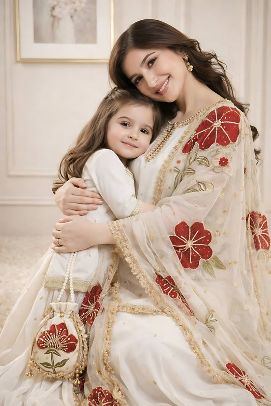 Trendy Off-White Embroidered GMY Silk Mother Daughter Matching Palazzo Suit Set with Dupatta