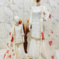 Trendy Off-White Embroidered GMY Silk Mother Daughter Matching Palazzo Suit Set with Dupatta