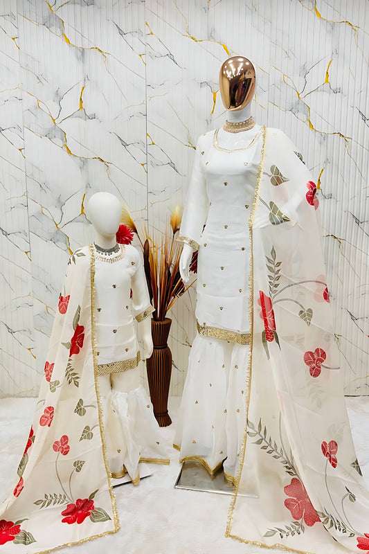 Trendy Off-White Embroidered GMY Silk Mother Daughter Matching Palazzo Suit Set with Dupatta
