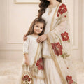 Trendy Off-White Embroidered GMY Silk Mother Daughter Matching Palazzo Suit Set with Dupatta