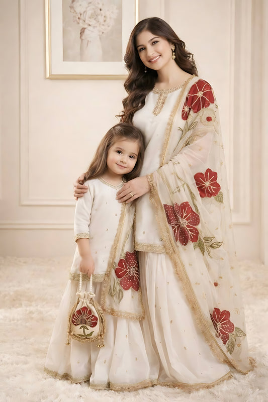 Trendy Off-White Embroidered GMY Silk Mother Daughter Matching Palazzo Suit Set with Dupatta