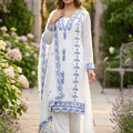 Elegant White Faux Georgette Embroidered Salwar Suit with Blue Thread Work Dupatta