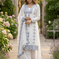 Elegant White Faux Georgette Embroidered Salwar Suit with Blue Thread Work Dupatta