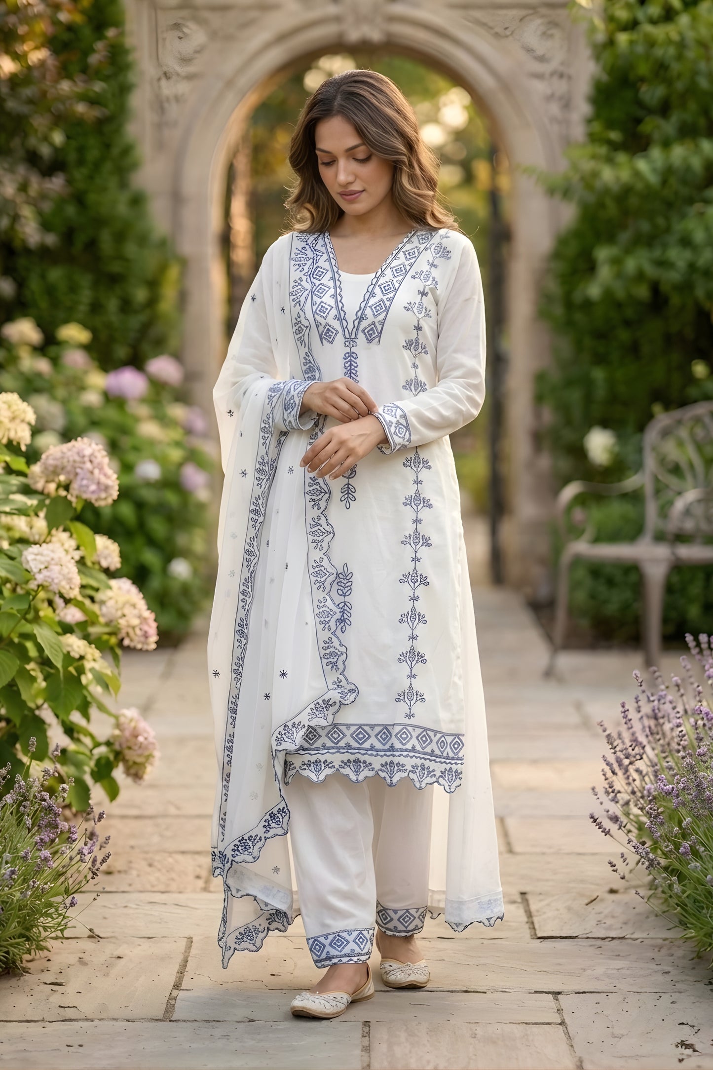 Elegant White Faux Georgette Embroidered Salwar Suit with Blue Thread Work Dupatta