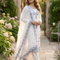 Elegant White Faux Georgette Embroidered Salwar Suit with Blue Thread Work Dupatta