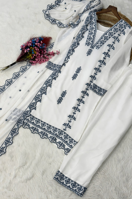 Elegant White Faux Georgette Embroidered Salwar Suit with Blue Thread Work Dupatta