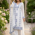 Elegant White Faux Georgette Embroidered Salwar Suit with Blue Thread Work Dupatta