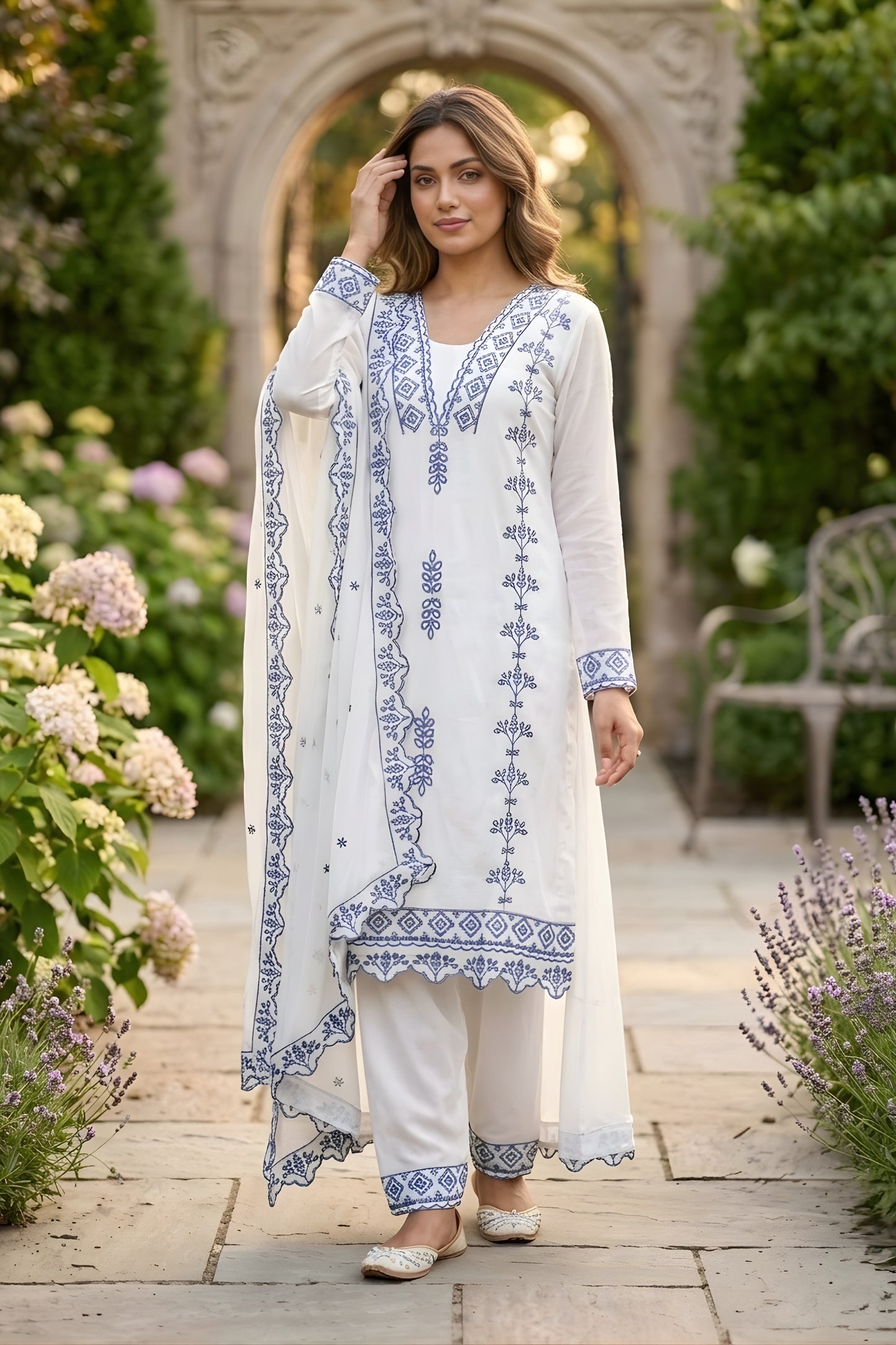 Elegant White Faux Georgette Embroidered Salwar Suit with Blue Thread Work Dupatta