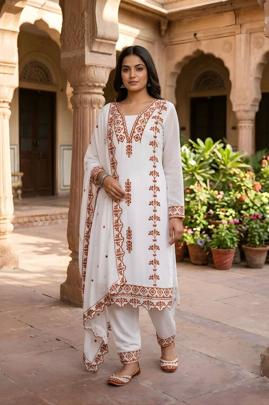 Stylish White Faux Georgette Embroidered Salwar Suit with Designer Dupatta and Pant for Women