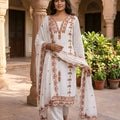 Stylish White Faux Georgette Embroidered Salwar Suit with Designer Dupatta and Pant for Women