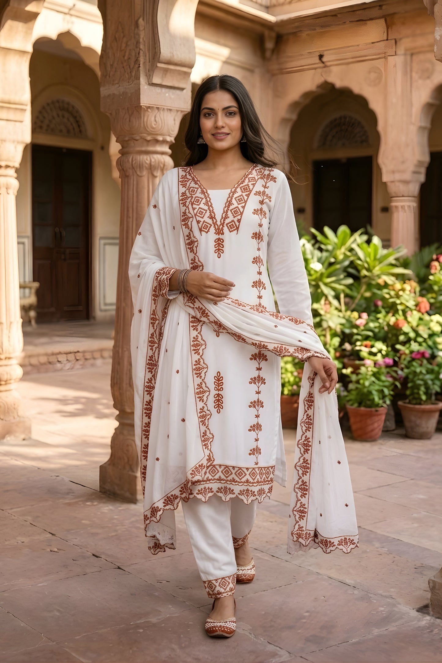 Stylish White Faux Georgette Embroidered Salwar Suit with Designer Dupatta and Pant for Women