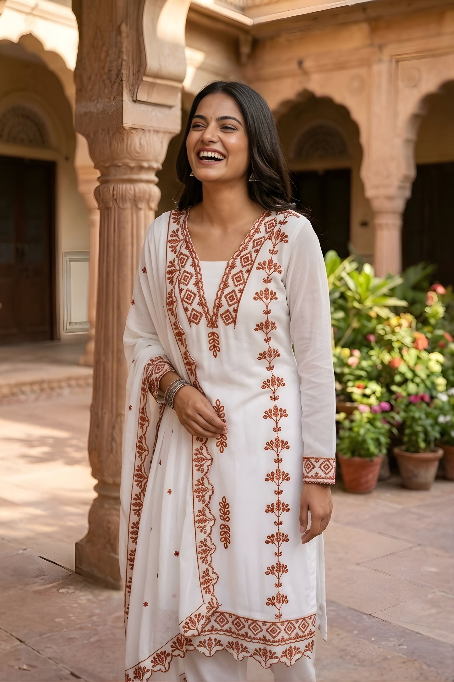Stylish White Faux Georgette Embroidered Salwar Suit with Designer Dupatta and Pant for Women