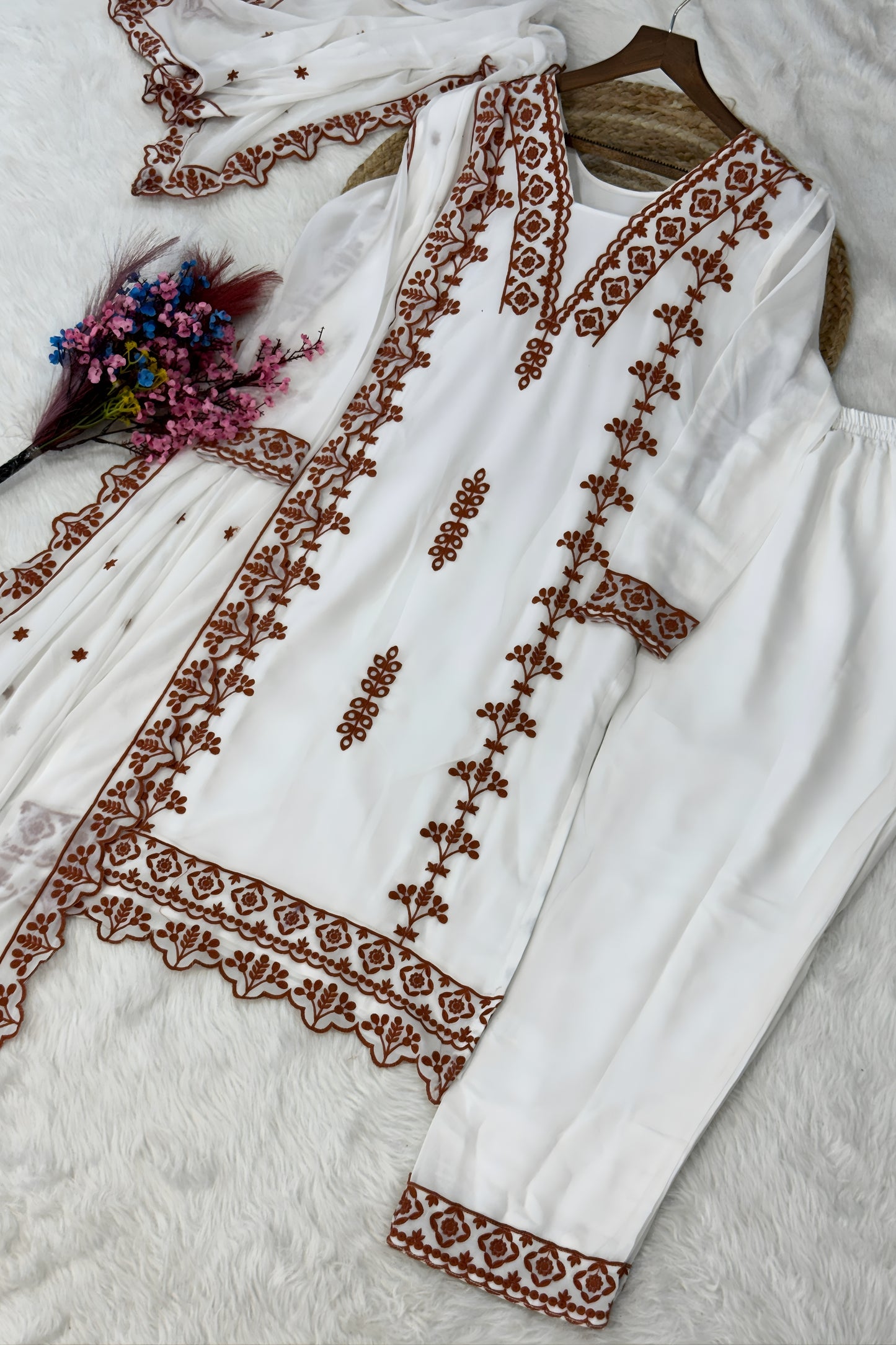 Stylish White Faux Georgette Embroidered Salwar Suit with Designer Dupatta and Pant for Women