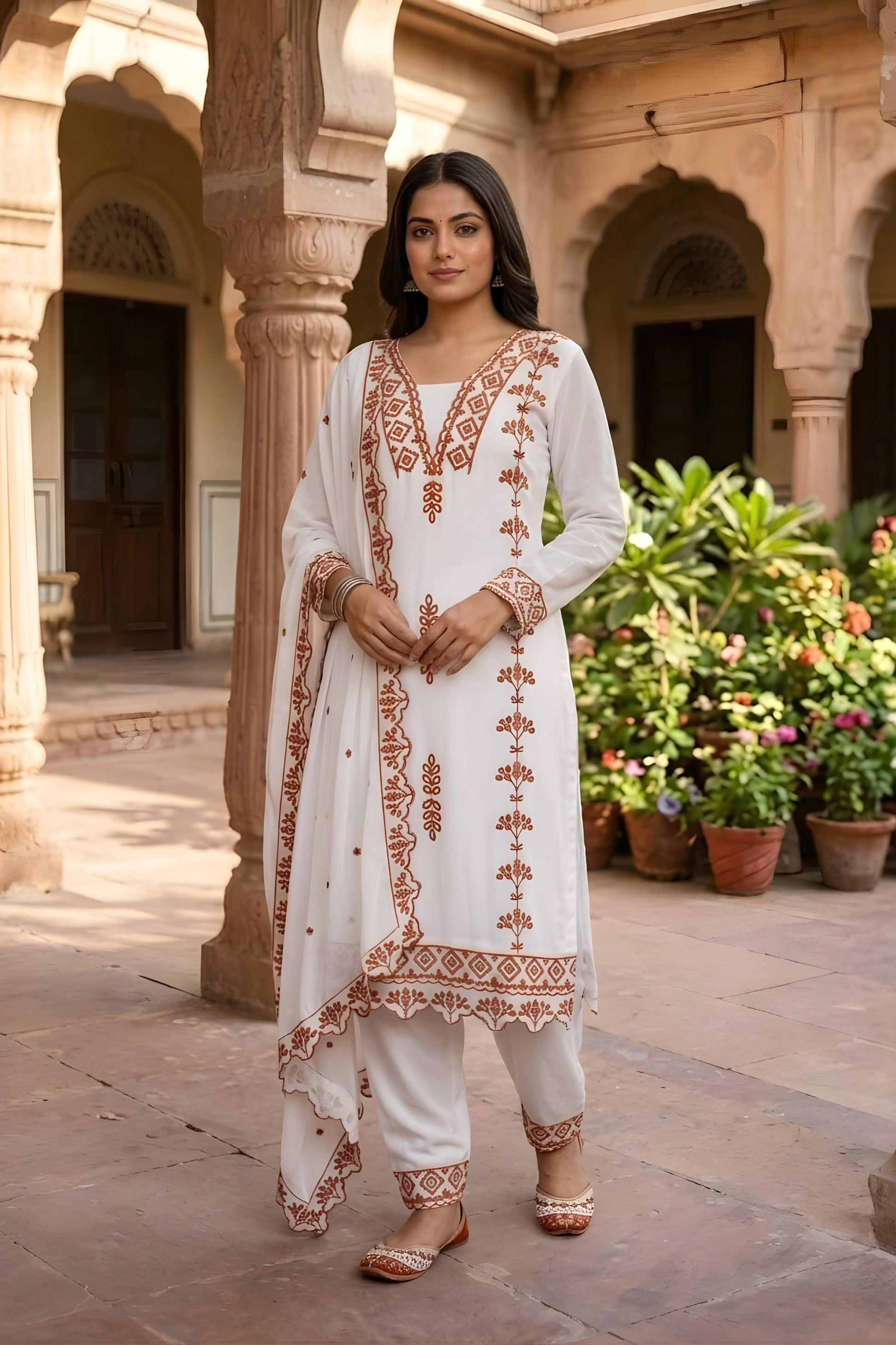 Stylish White Faux Georgette Embroidered Salwar Suit with Designer Dupatta and Pant for Women