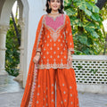 Elegant Orange Embroidered Chinon Palazzo Suit Dupatta for Women
