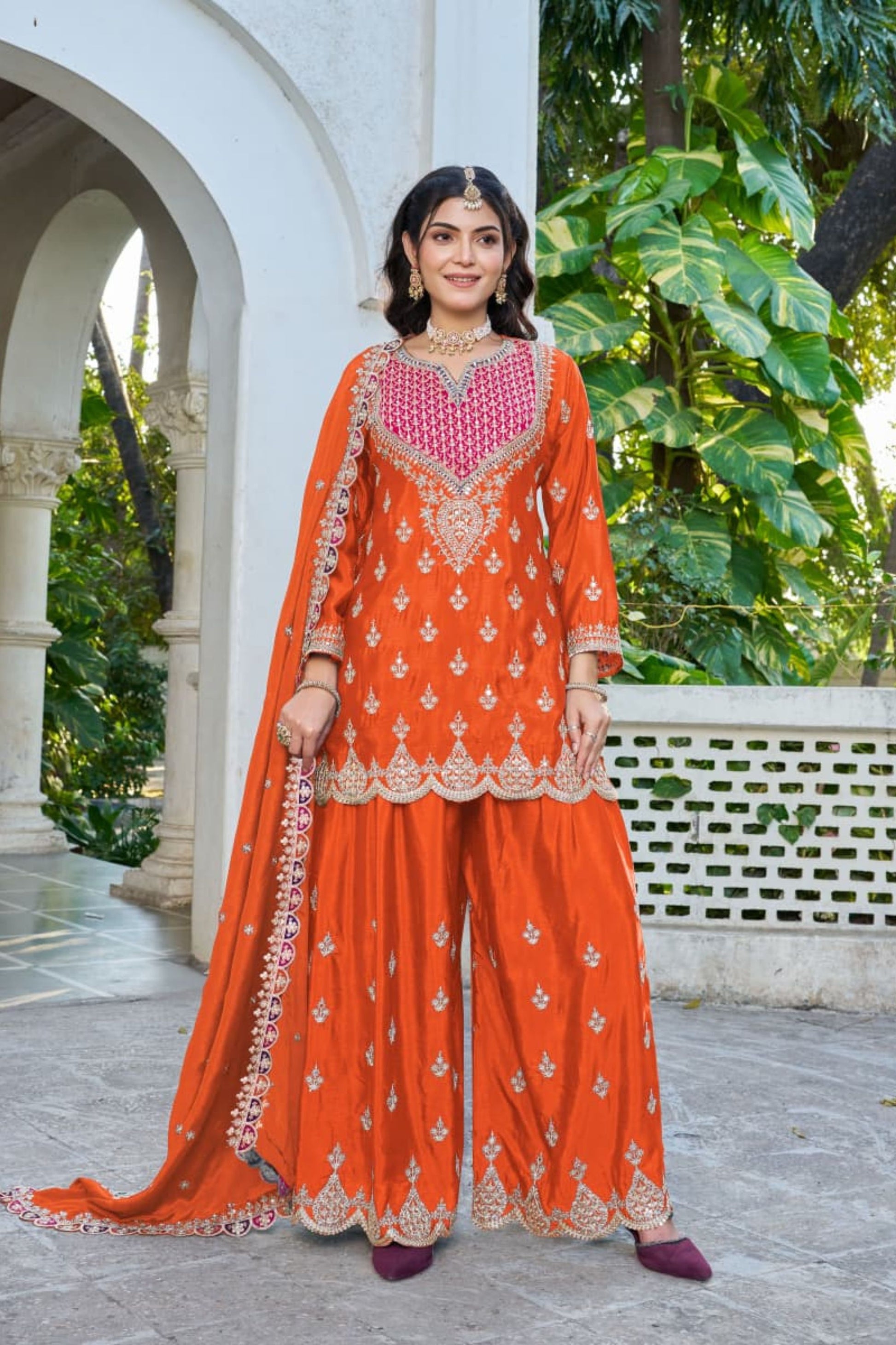 Elegant Orange Embroidered Chinon Palazzo Suit Dupatta for Women