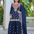 Navy Blue Embroidered Chinon Palazzo Suit with Dupatta for Women