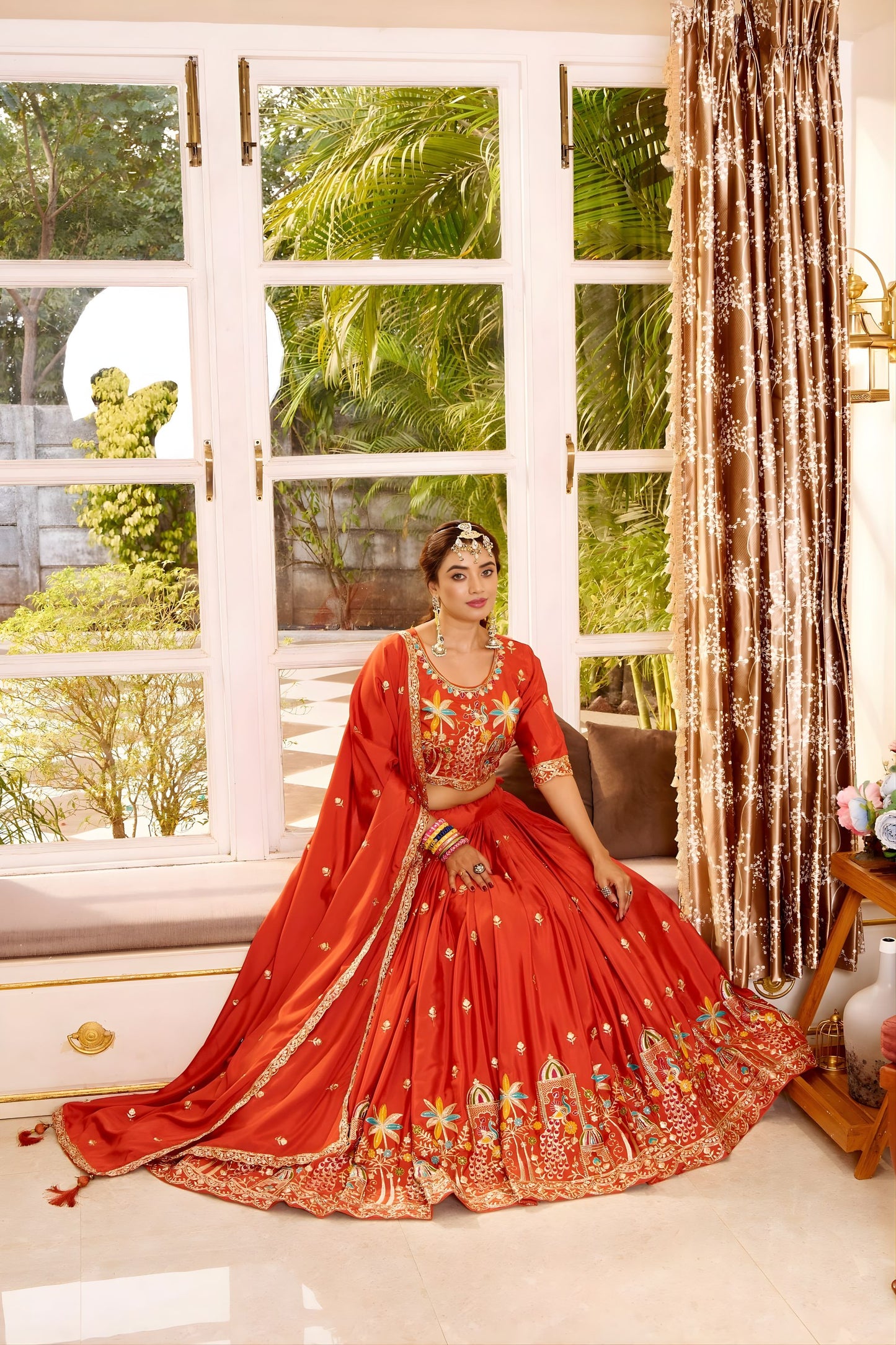 Royal Rust Orange Satin Silk Embroidered Lehenga Choli Designer Dupatta