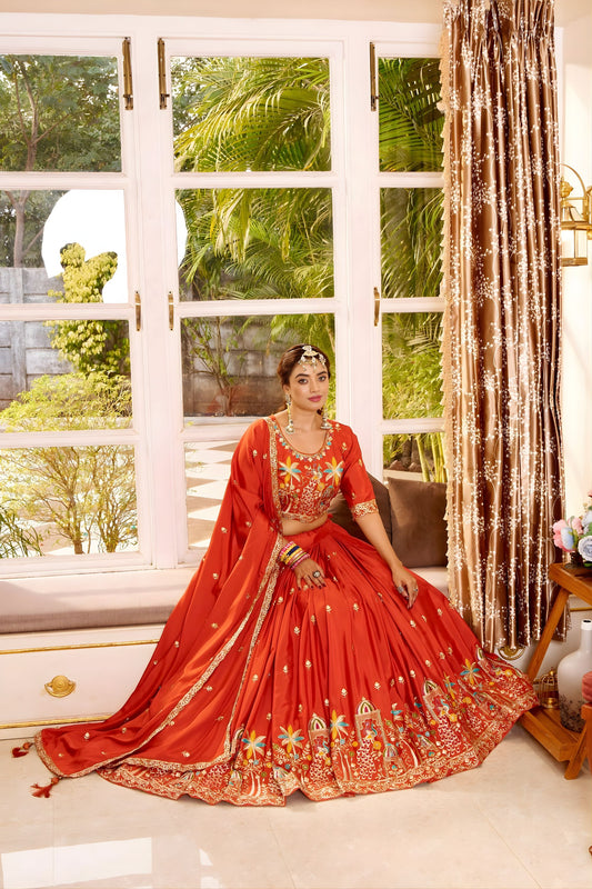 Royal Rust Orange Satin Silk Embroidered Lehenga Choli Designer Dupatta