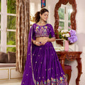 Beatiful Purple Satin Silk Embroidered Lehenga Choli with Designer Dupatta