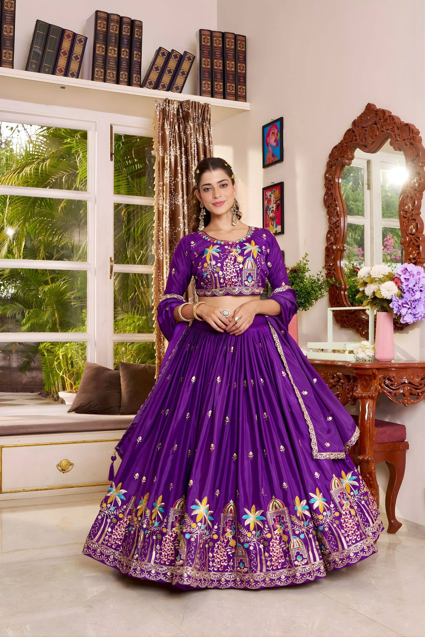 Beatiful Purple Satin Silk Embroidered Lehenga Choli with Designer Dupatta