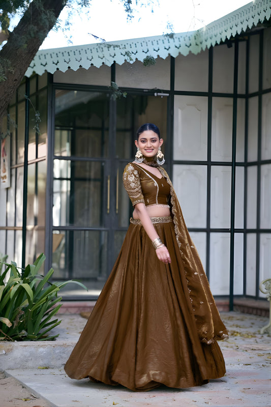 Elegant Brown Fandy Silk Lehenga Choli Sequins Embroidered Dupatta