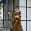 Elegant Brown Fandy Silk Lehenga Choli Sequins Embroidered Dupatta
