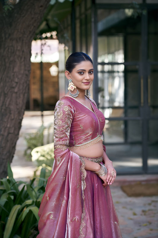 Beautiful Dusty Pink Fandy Silk Lehenga Choli with Designer Embroidered Dupatta