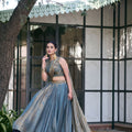 Elegant Steel Blue Fandy Silk Lehenga Choli Designer Embroidered Dupatta