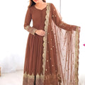 Elegant Coffee Brown Faux Georgette Embroidered Anarkali Suit with Heavy Net Dupatta for Women
