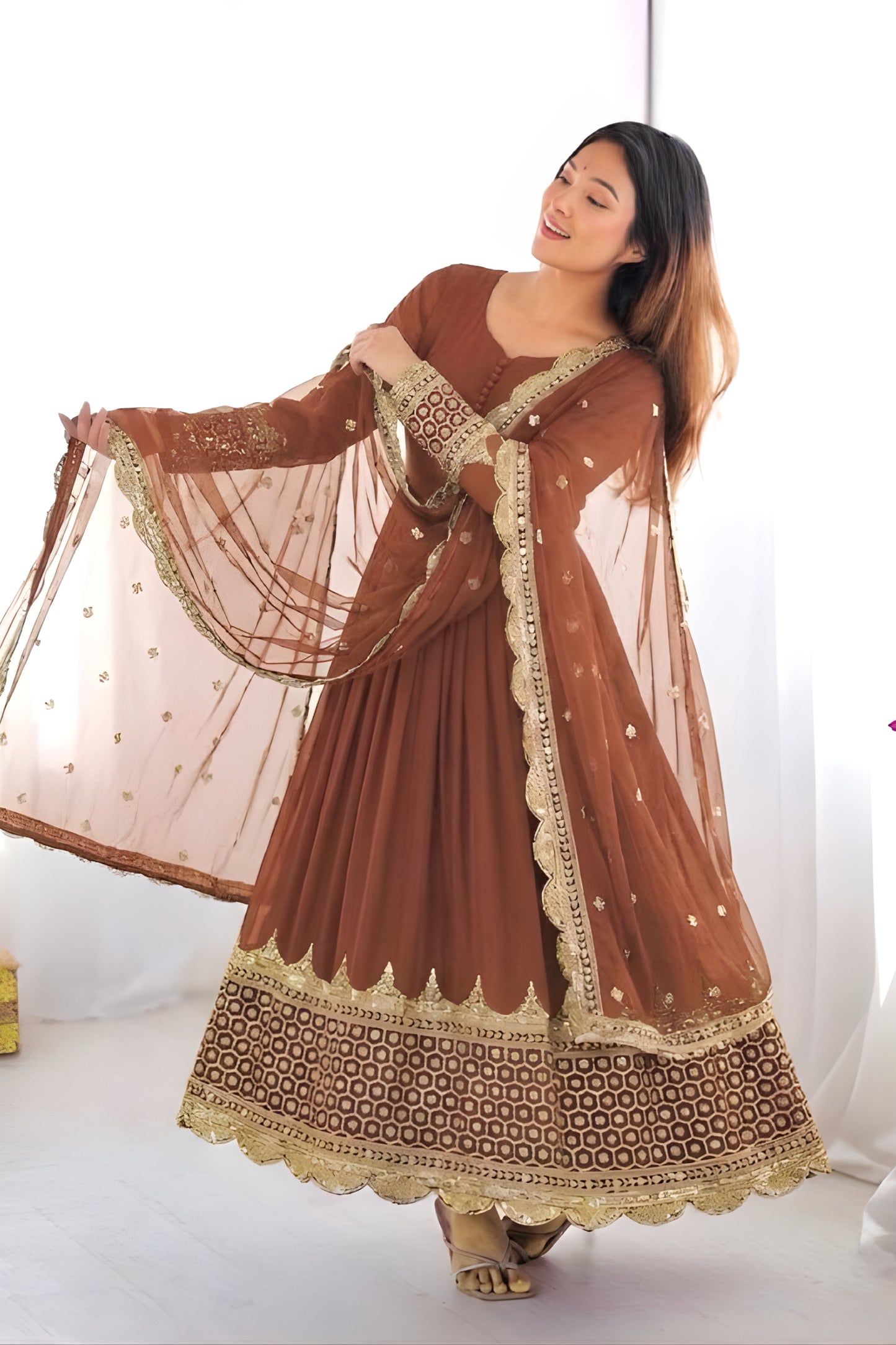 Elegant Coffee Brown Faux Georgette Embroidered Anarkali Suit with Heavy Net Dupatta for Women