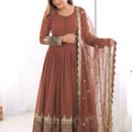 Elegant Coffee Brown Faux Georgette Embroidered Anarkali Suit with Heavy Net Dupatta for Women