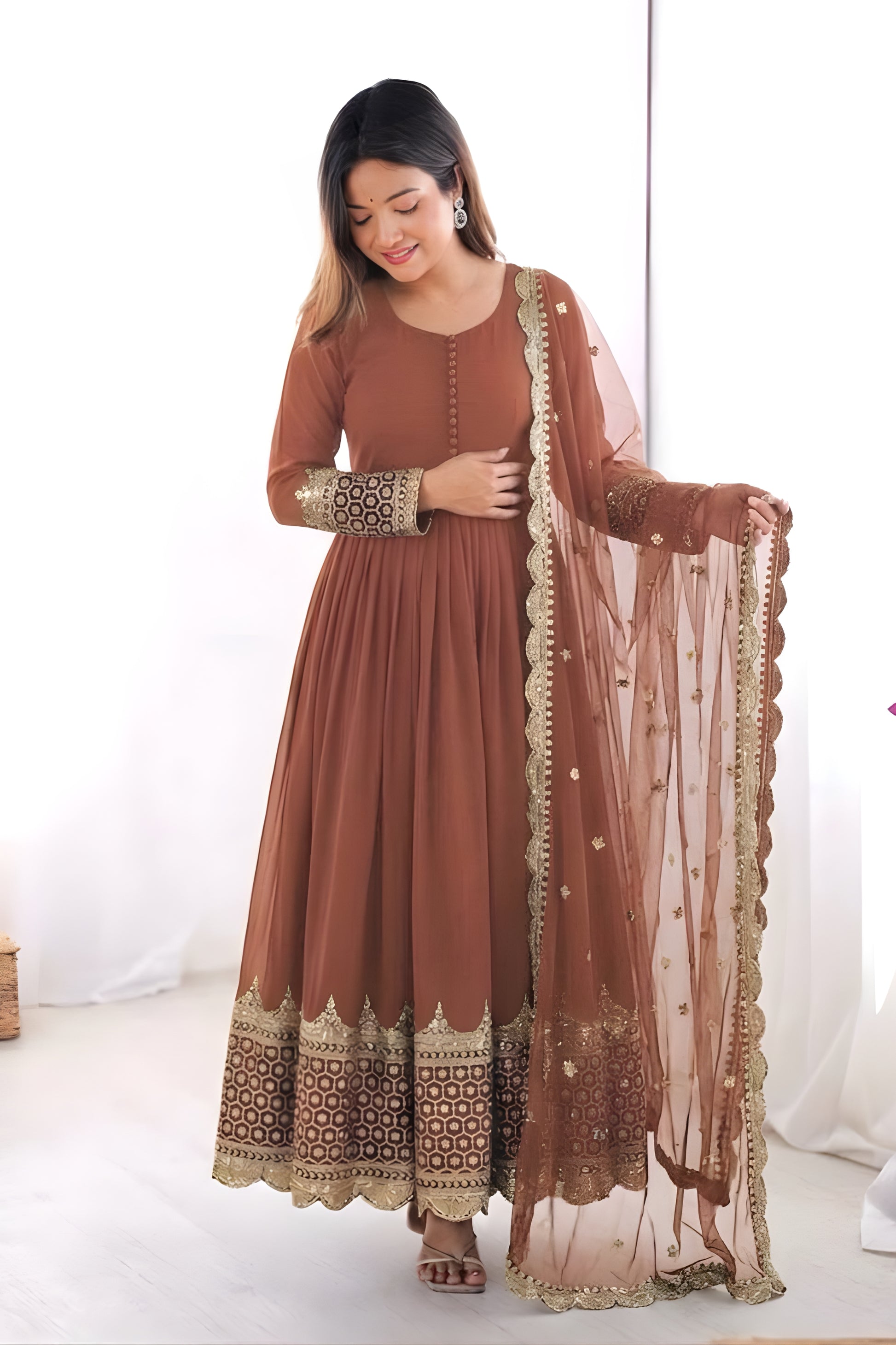 Elegant Coffee Brown Faux Georgette Embroidered Anarkali Suit with Heavy Net Dupatta for Women