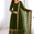 Stunning Olive Green Faux Georgette Embroidered Anarkali Suit with Heavy Net Dupatta for Women