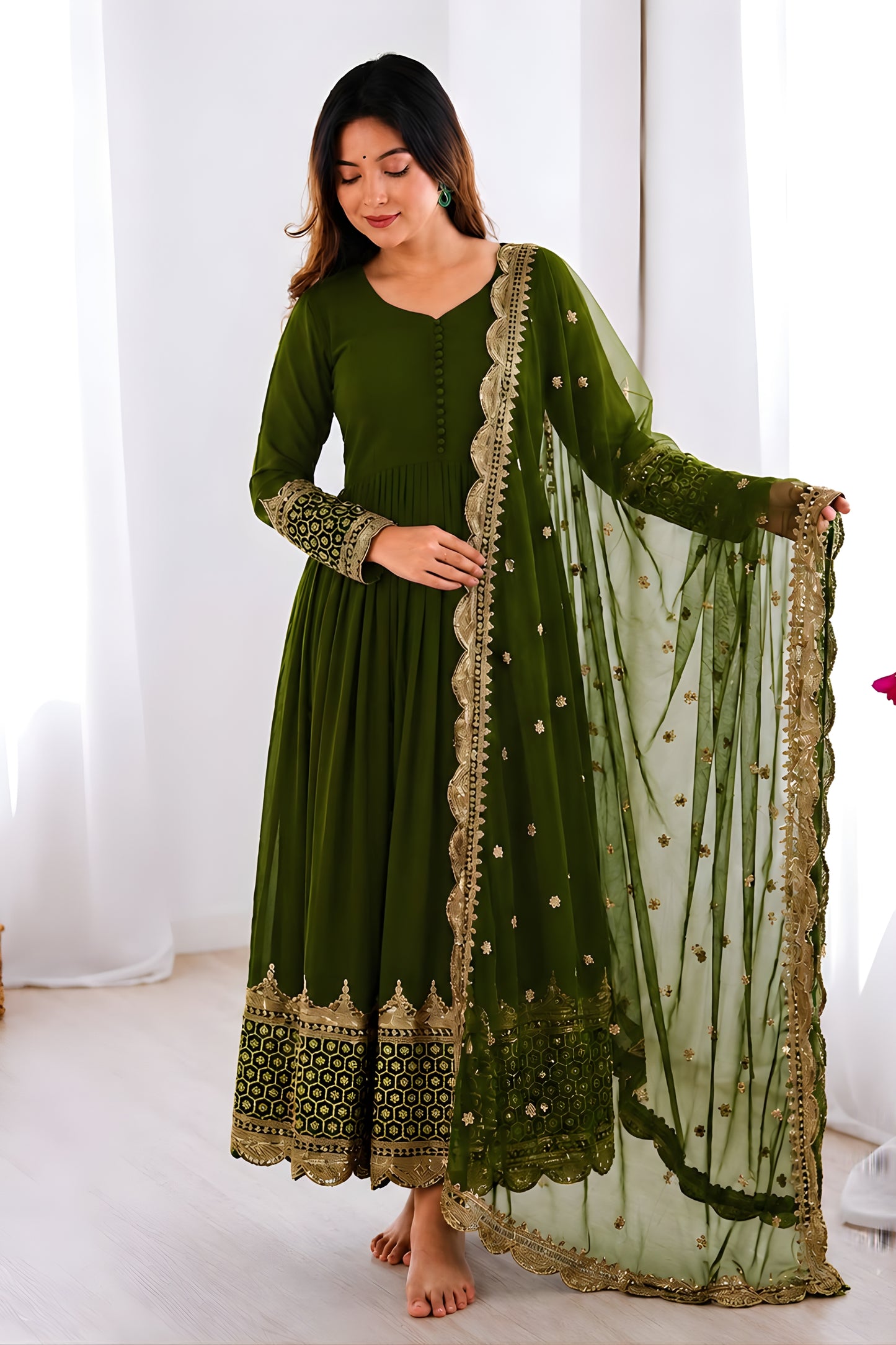 Stunning Olive Green Faux Georgette Embroidered Anarkali Suit with Heavy Net Dupatta for Women