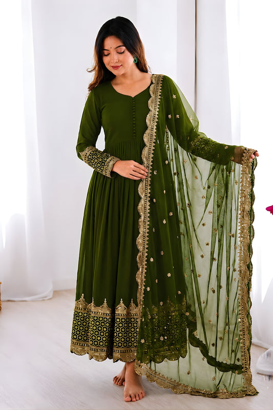 Stunning Olive Green Faux Georgette Embroidered Anarkali Suit with Heavy Net Dupatta for Women
