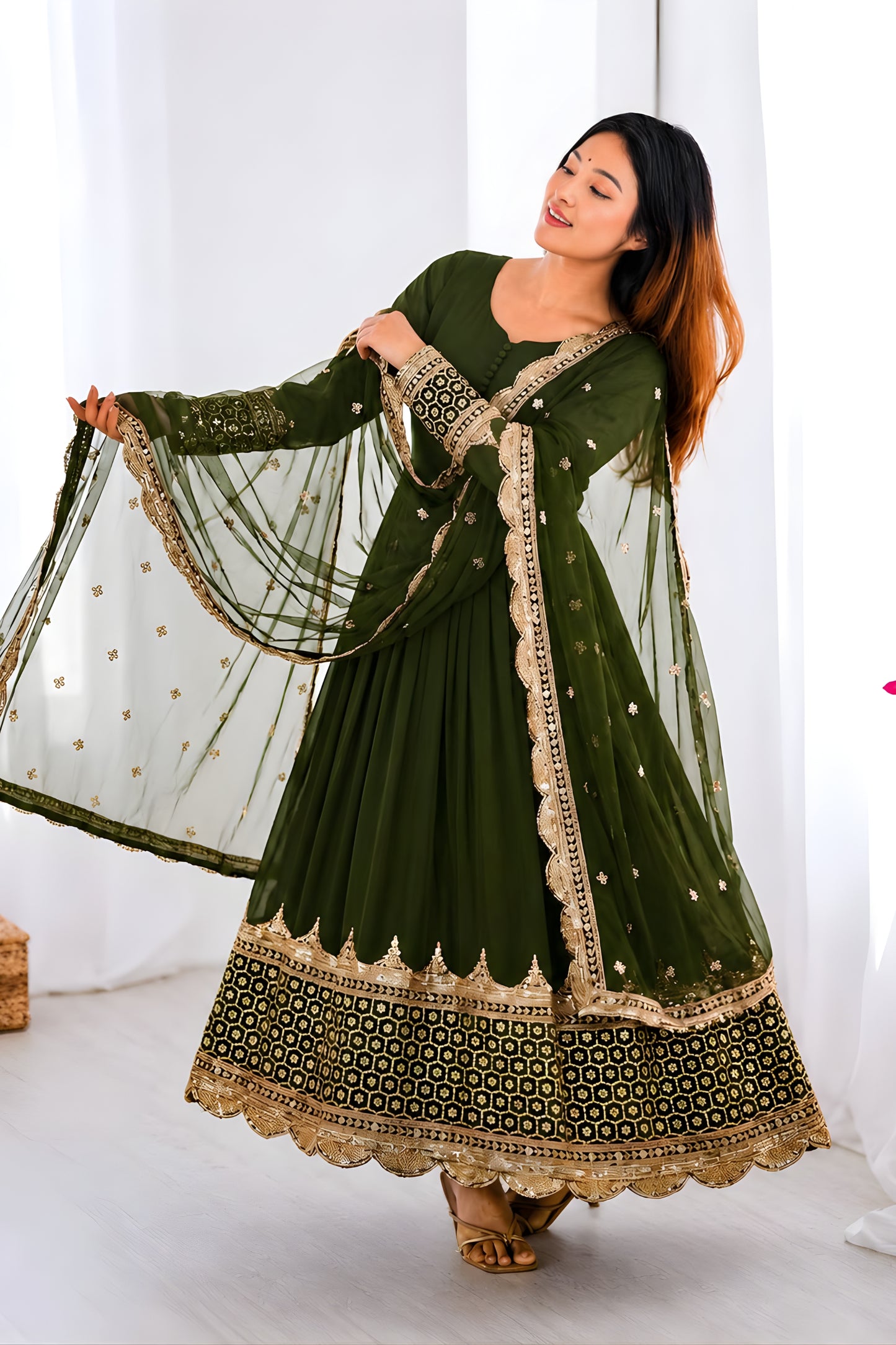 Stunning Olive Green Faux Georgette Embroidered Anarkali Suit with Heavy Net Dupatta for Women