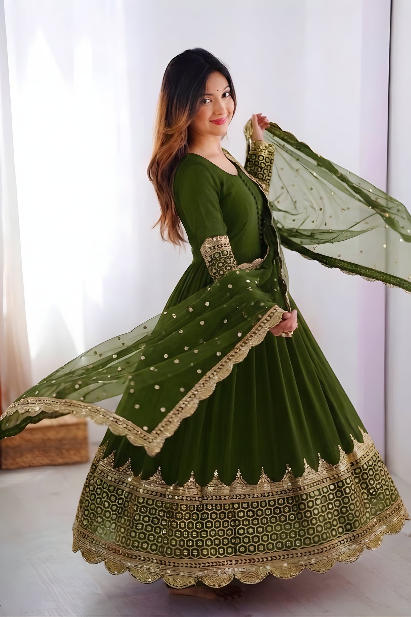 Stunning Olive Green Faux Georgette Embroidered Anarkali Suit with Heavy Net Dupatta for Women