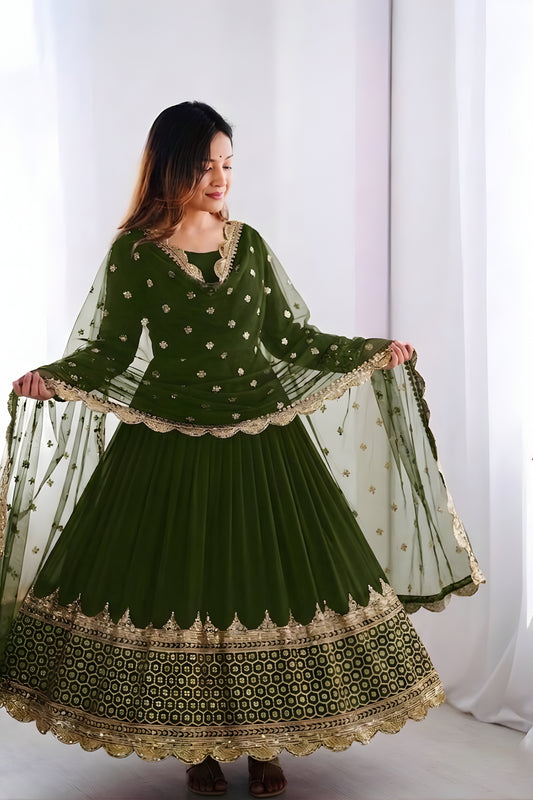 Stunning Olive Green Faux Georgette Embroidered Anarkali Suit with Heavy Net Dupatta for Women