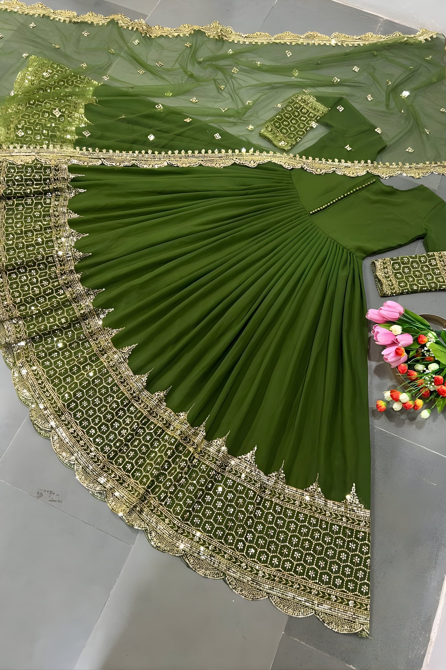 Stunning Olive Green Faux Georgette Embroidered Anarkali Suit with Heavy Net Dupatta for Women