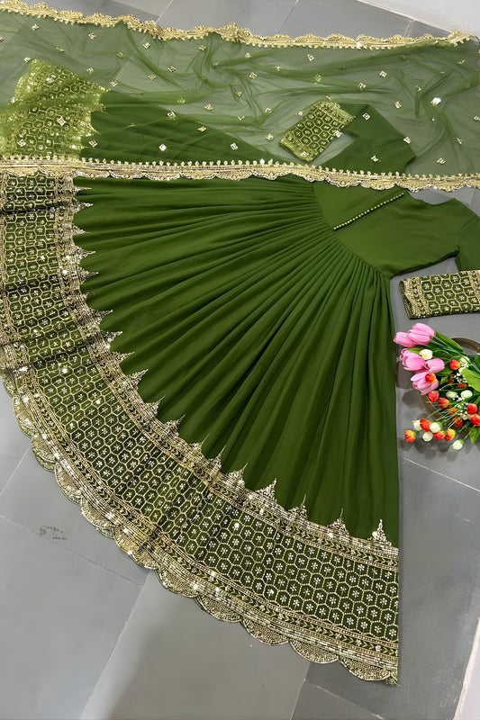 Stunning Olive Green Faux Georgette Embroidered Anarkali Suit with Heavy Net Dupatta for Women